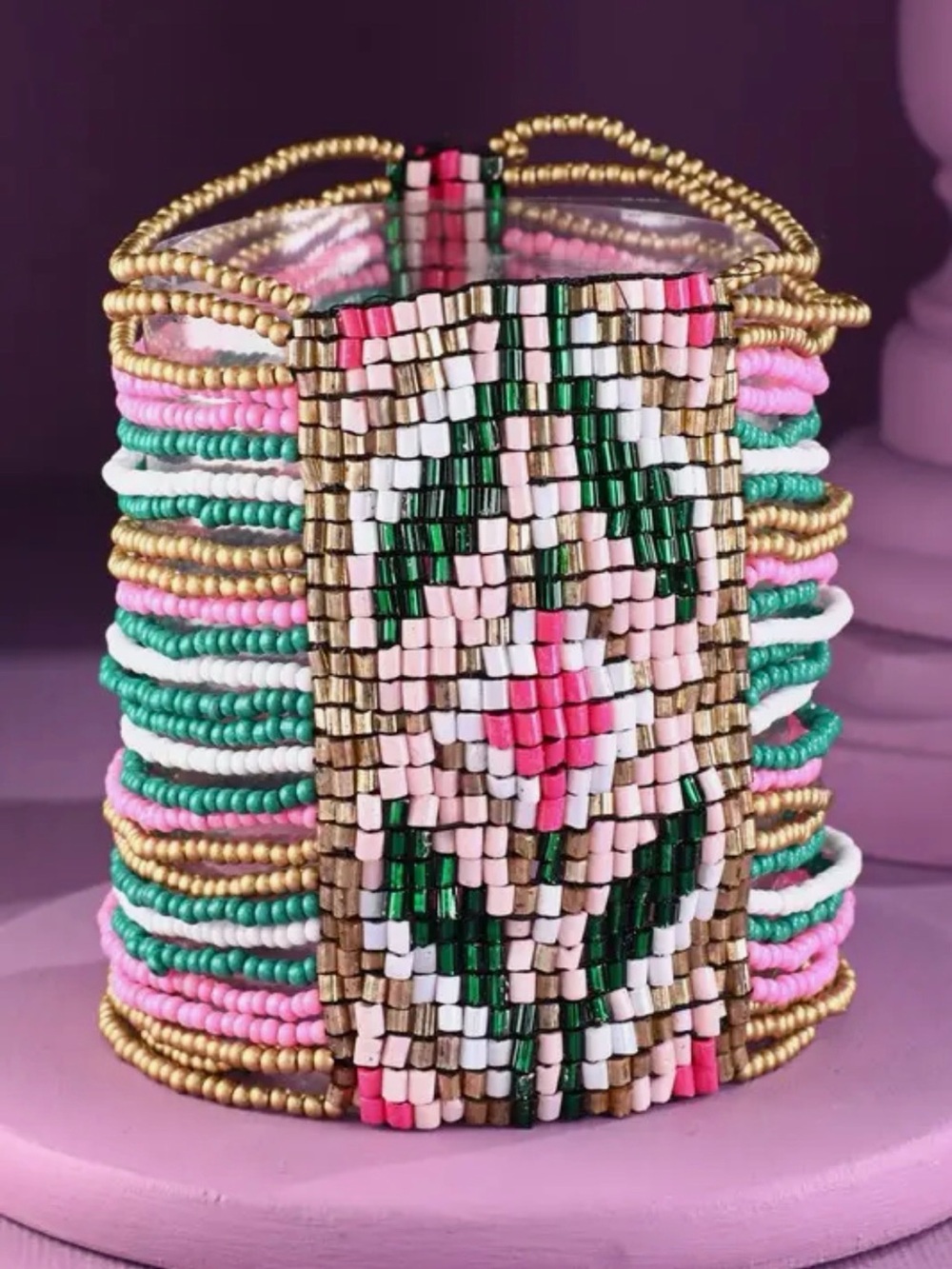Handcrafted Pink & Green Beaded Floral Cuff Bracelet
